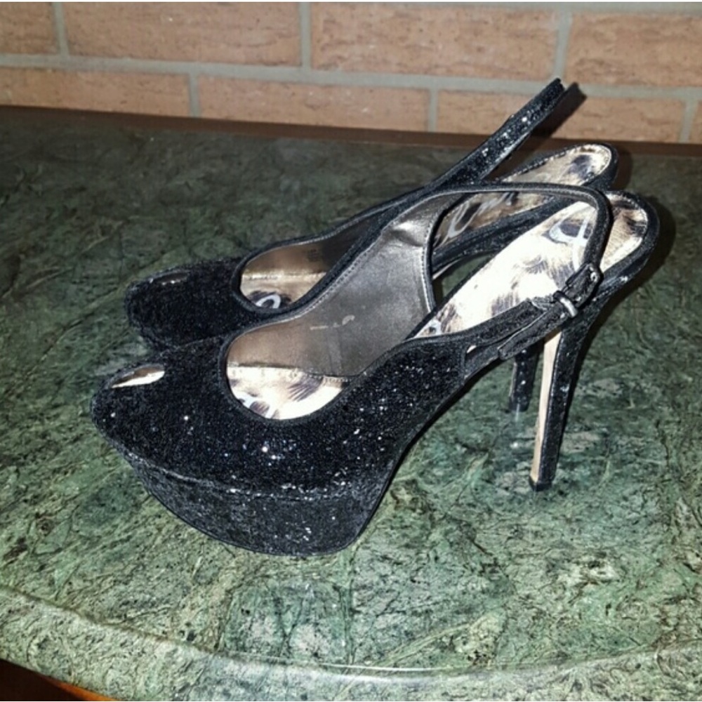 Elegant Black Glitter Slingback Heels